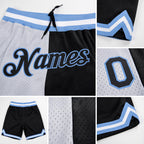 Custom White Black-Light Blue Authentic Throwback Split Fashion Basketball Shorts detail