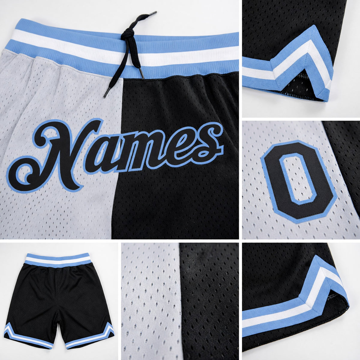 Custom White Black-Light Blue Authentic Throwback Split Fashion Basketball Shorts detail