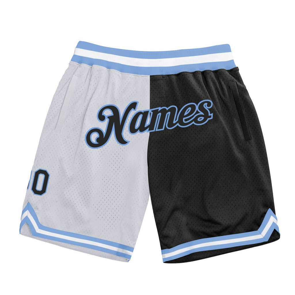 Custom White Black-Light Blue Authentic Throwback Split Fashion Basketball Shorts photo 1