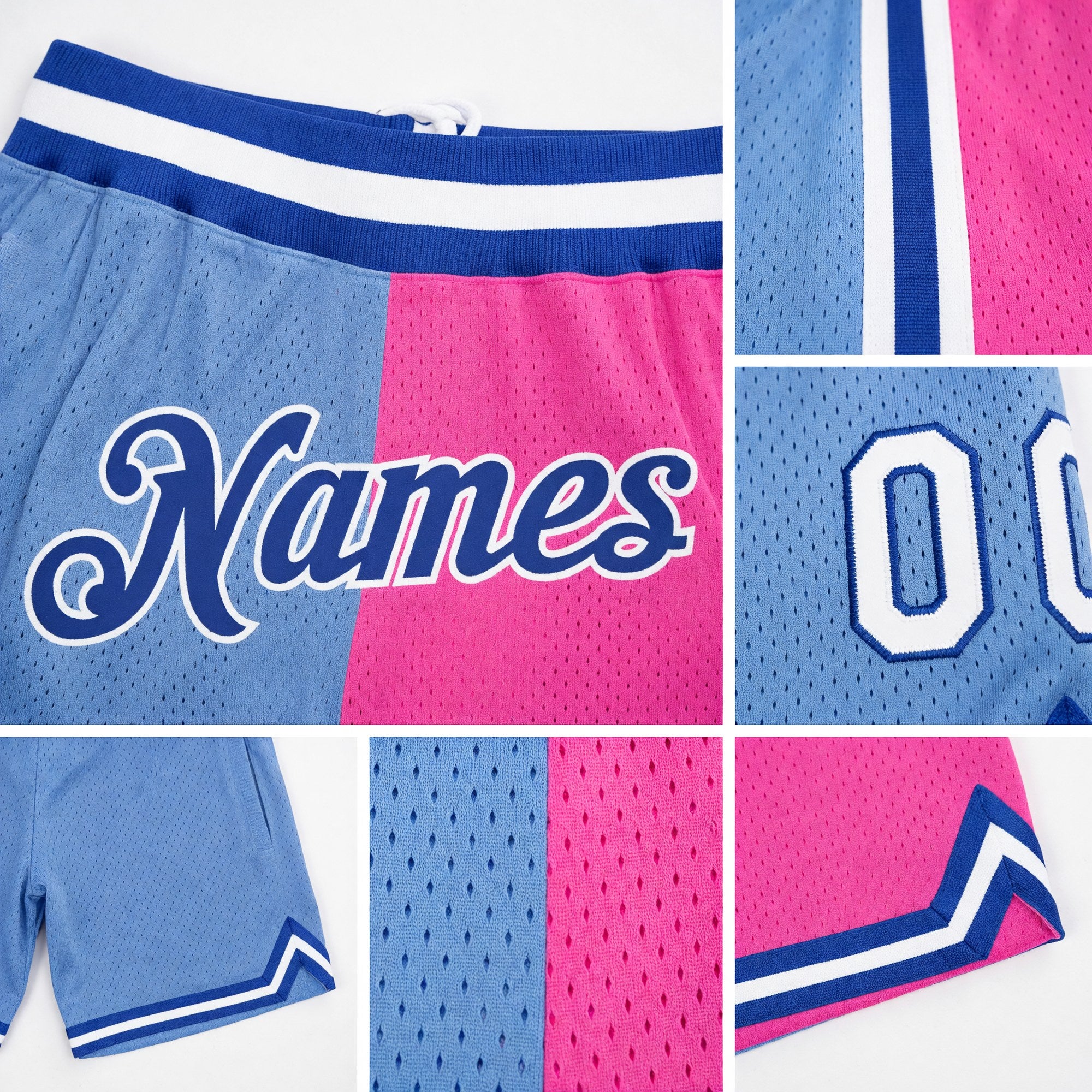 Custom Light Blue Royal-Pink Authentic Throwback Split Fashion Basketball Shorts detail