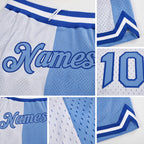 Custom White Light Blue-Royal Authentic Throwback Split Fashion Basketball Shorts detail