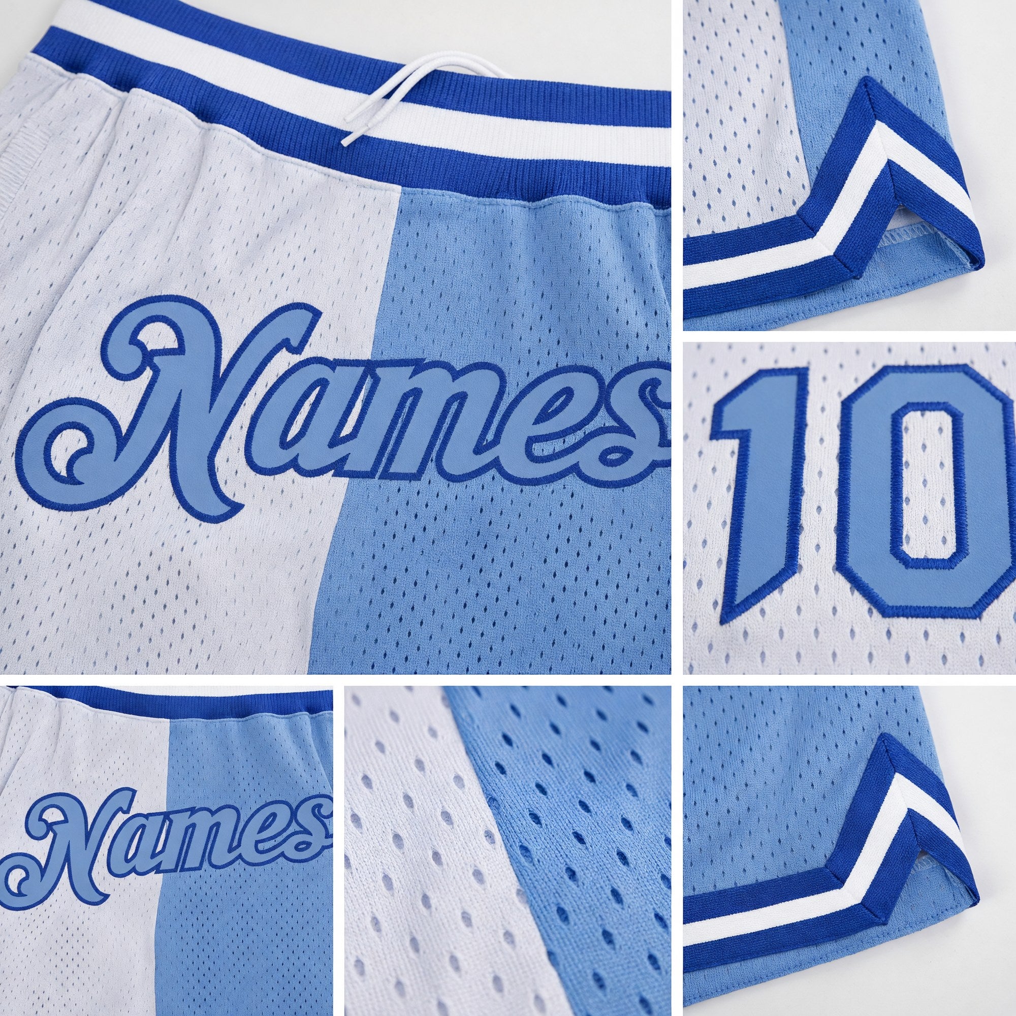 Custom White Light Blue-Royal Authentic Throwback Split Fashion Basketball Shorts detail