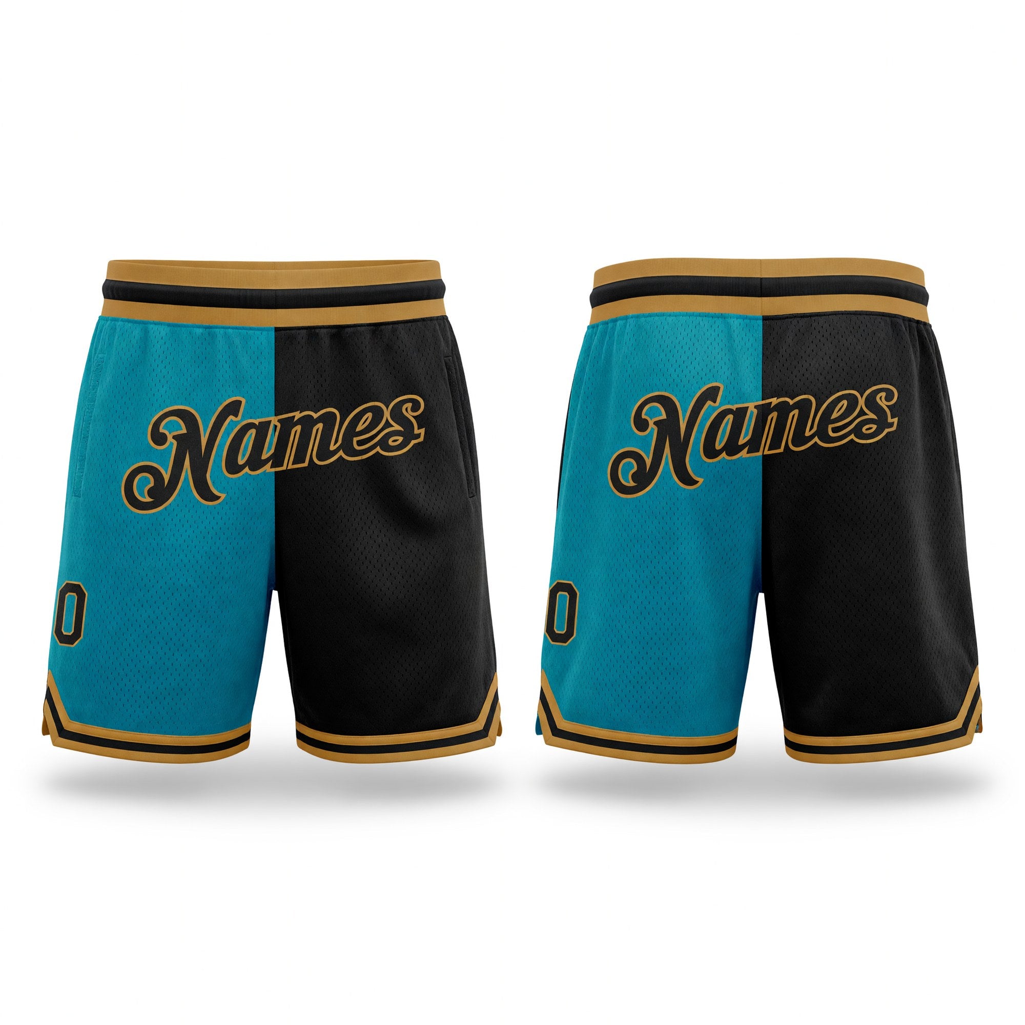 Custom Teal Black-Old Gold Authentic Throwback Split Fashion Basketball Shorts