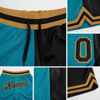 Custom Teal Black-Old Gold Authentic Throwback Split Fashion Basketball Shorts detail