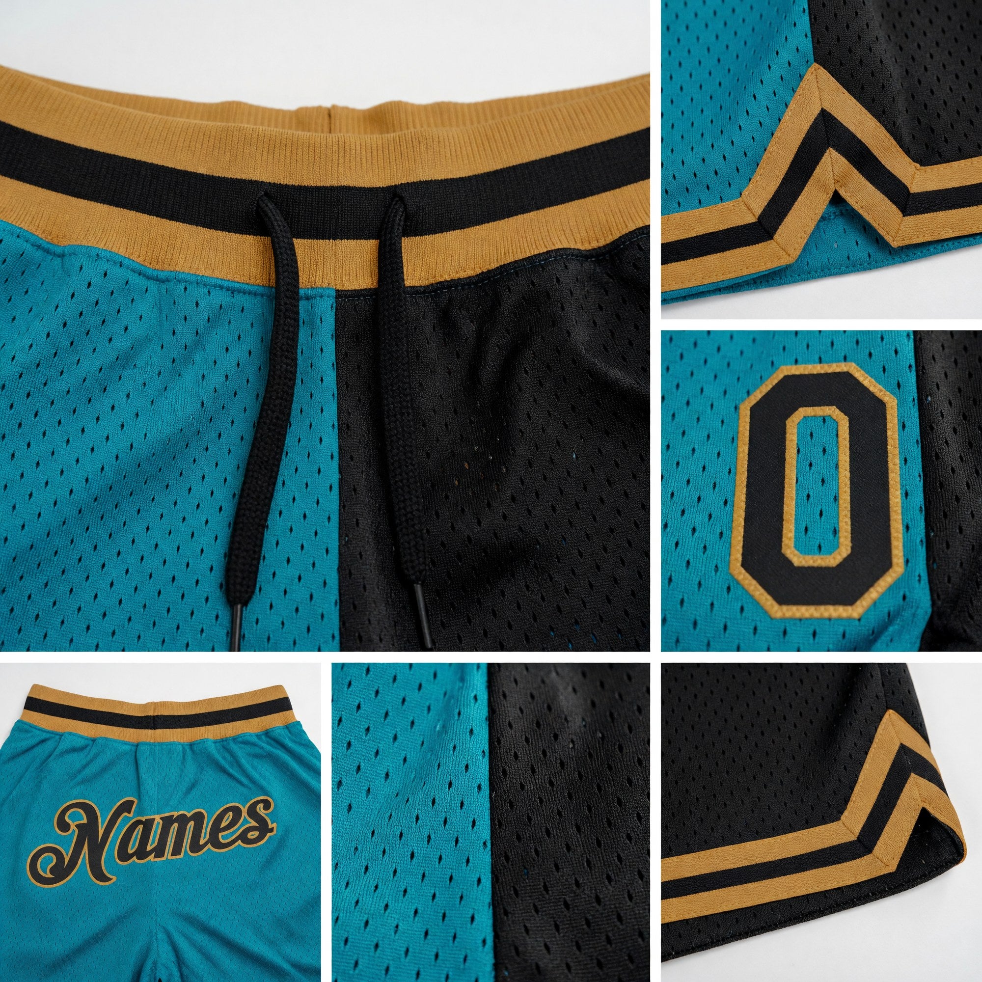 Custom Teal Black-Old Gold Authentic Throwback Split Fashion Basketball Shorts detail