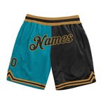 Custom Teal Black-Old Gold Authentic Throwback Split Fashion Basketball Shorts photo 1