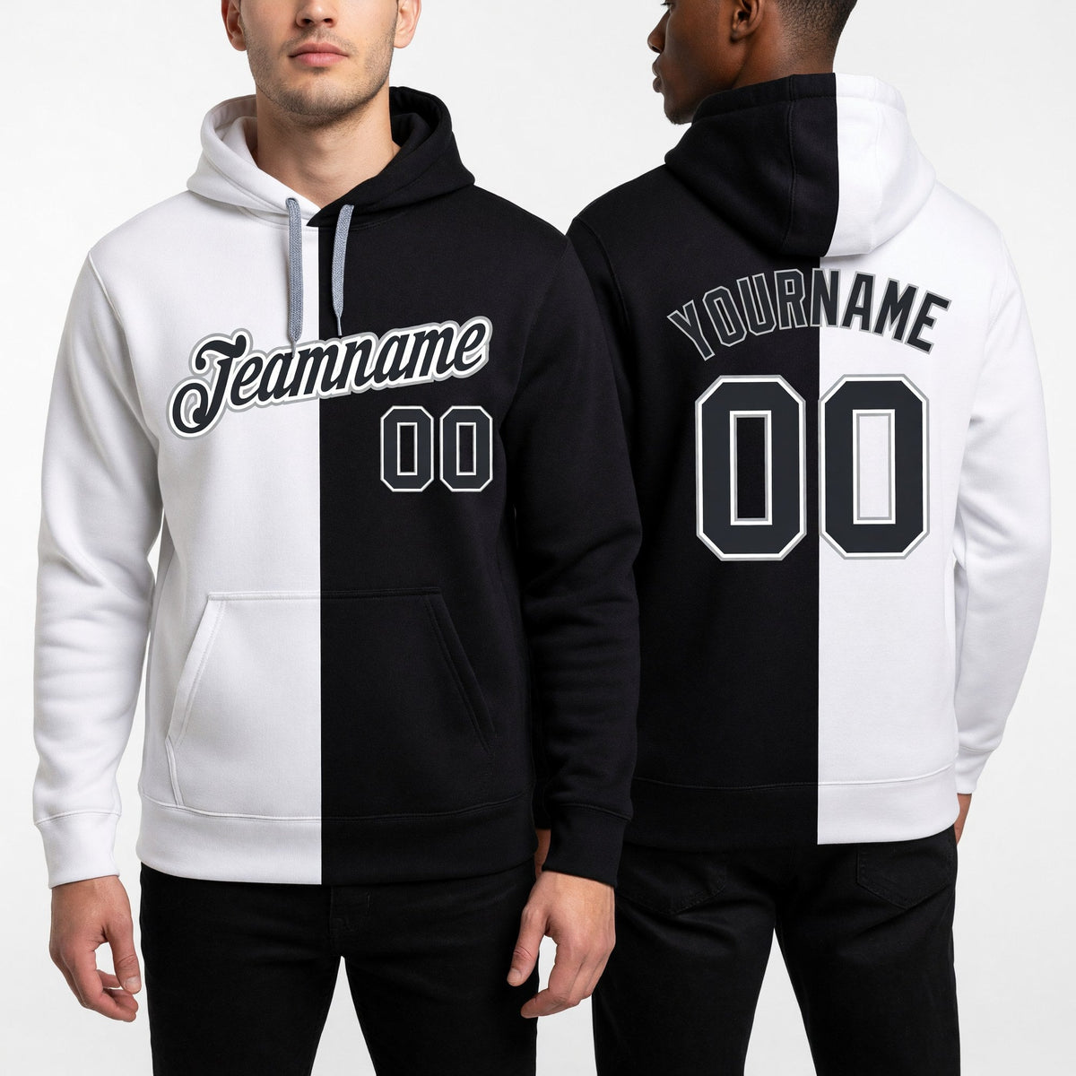 Custom Stitched White Black Split Fashion Sports Pullover Sweatshirt Hoodie worn front and back