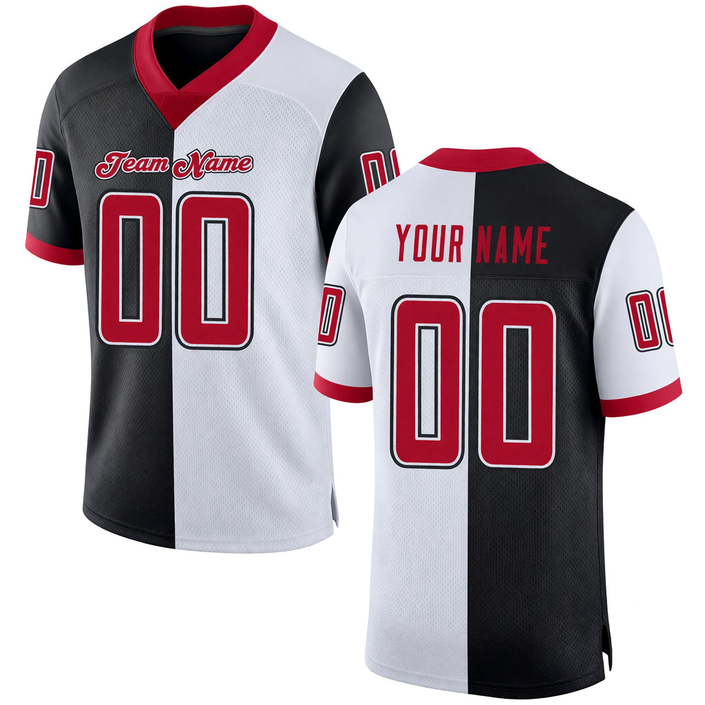 Custom Black Red-White Split Fashion Football Jersey