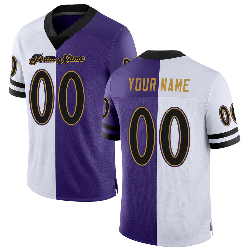 Custom Purple Black-White Split Fashion Football Jersey
