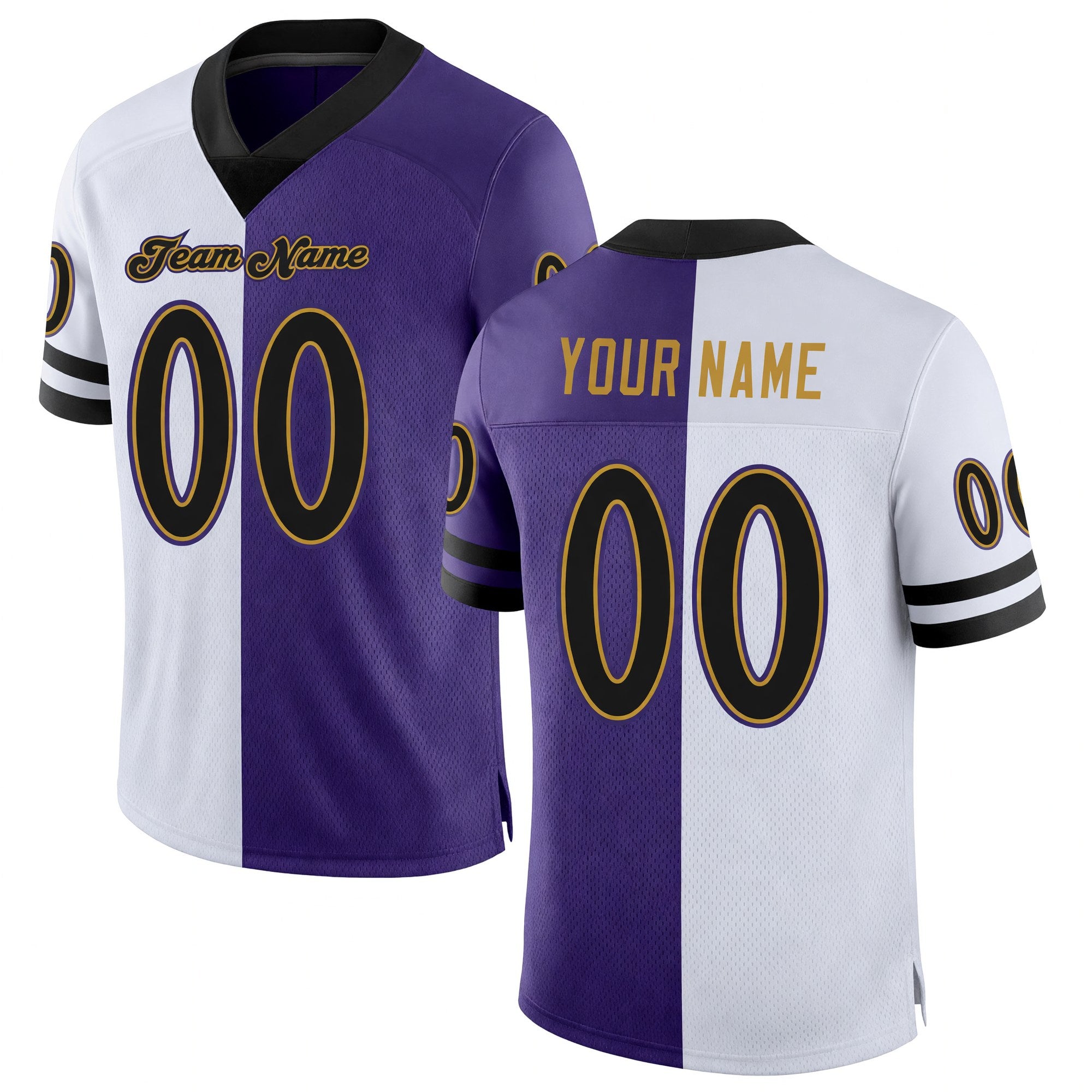 Custom Purple Black-White Split Fashion Football Jersey