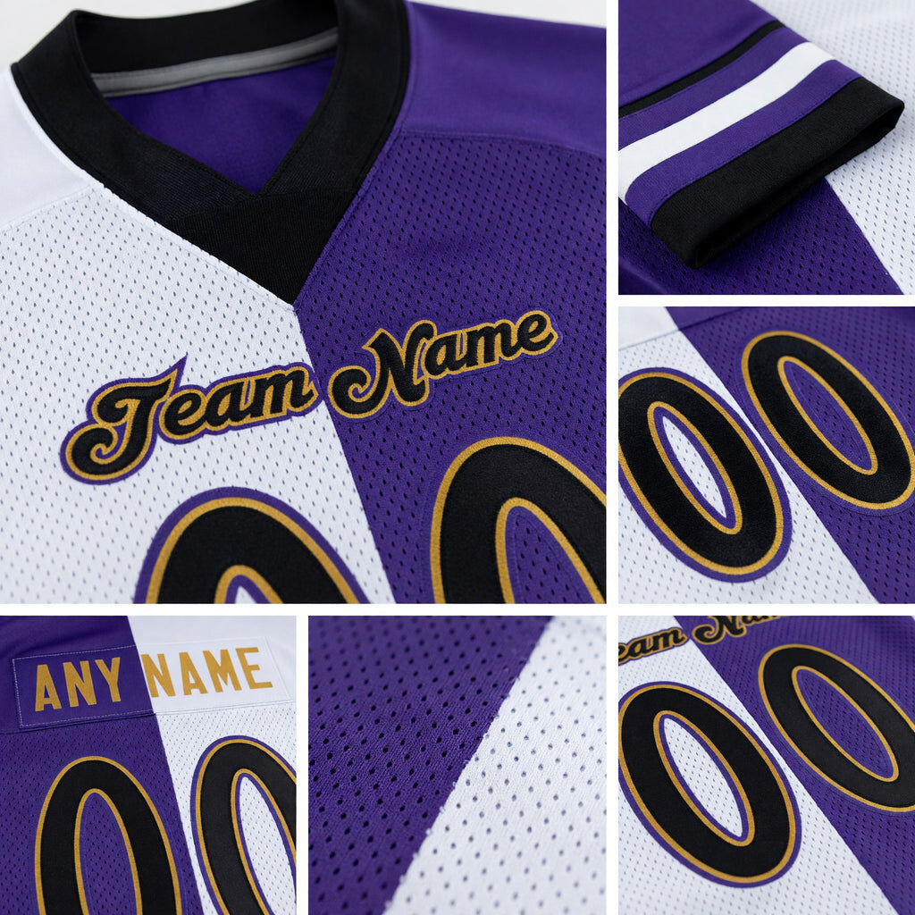 Custom Purple Black-White Split Fashion Football Jersey detail