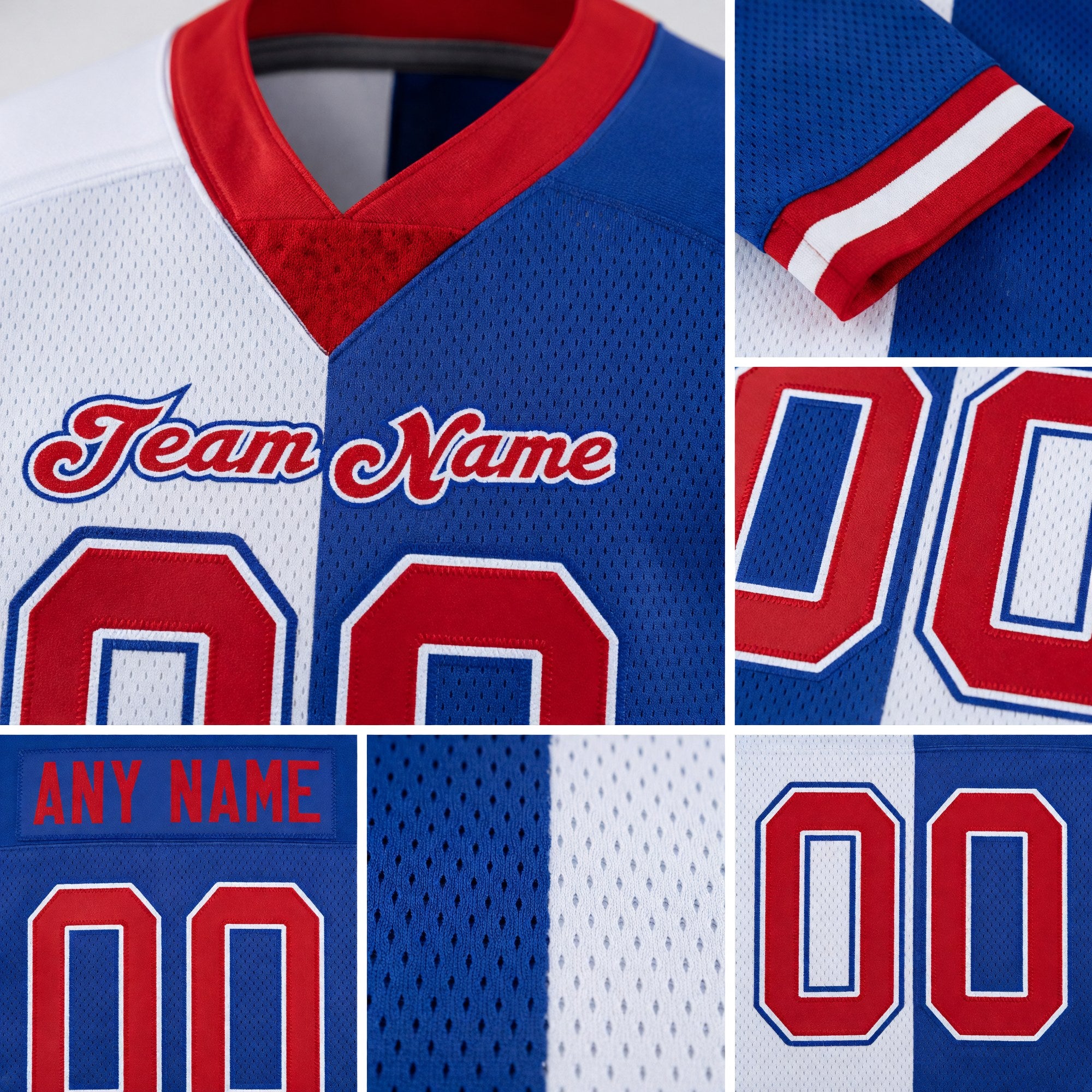 Custom Royal Red-White Split Fashion Football Jersey detail