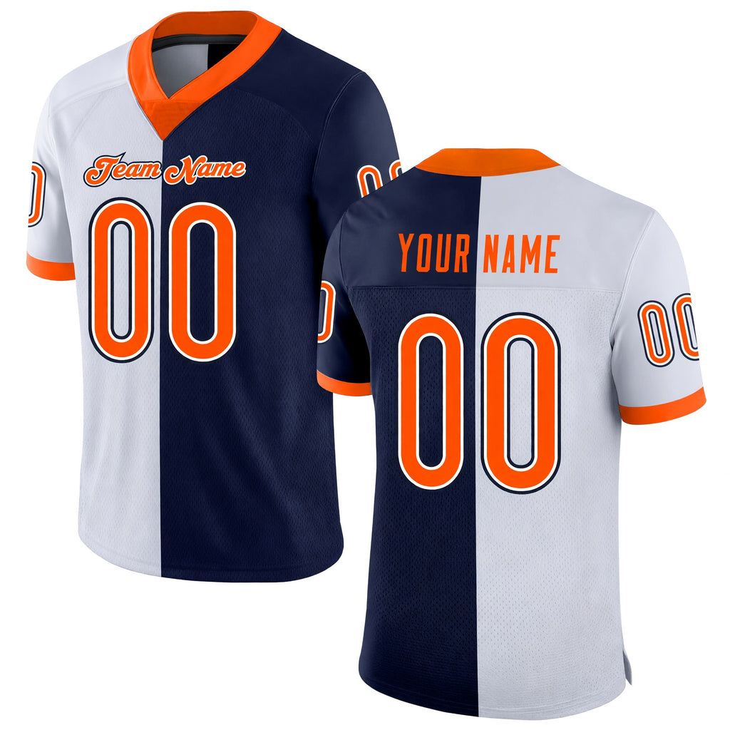 Custom Navy Orange-White Split Fashion Football Jersey