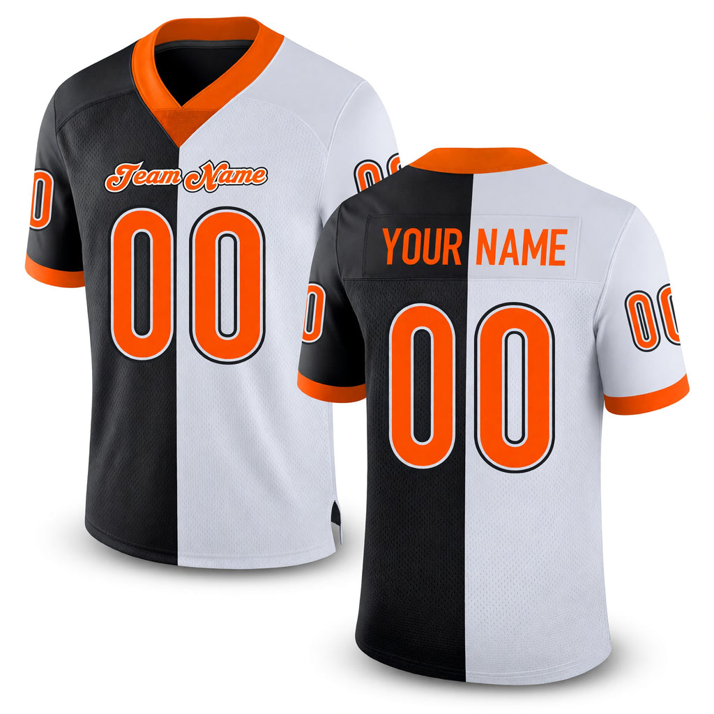 Custom Black Orange-White Split Fashion Football Jersey