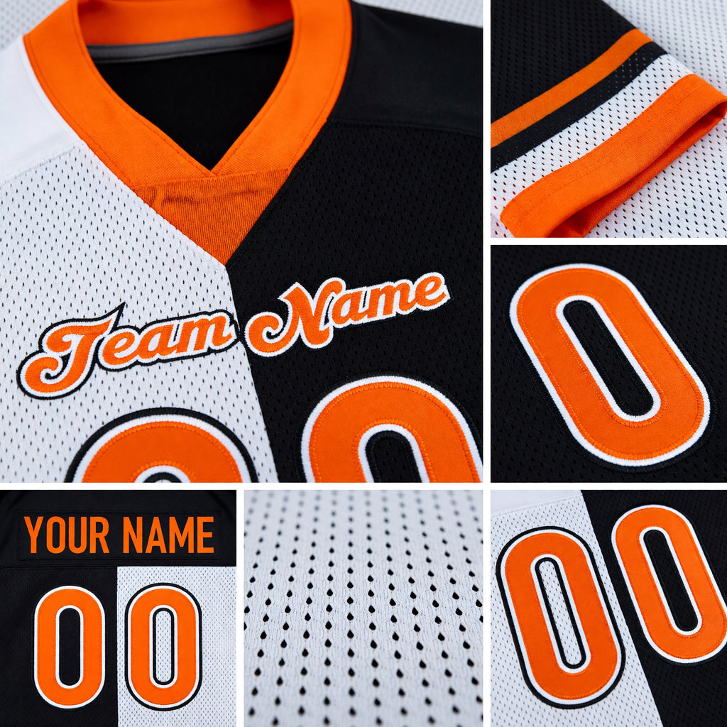 Custom Black Orange-White Split Fashion Football Jersey detail