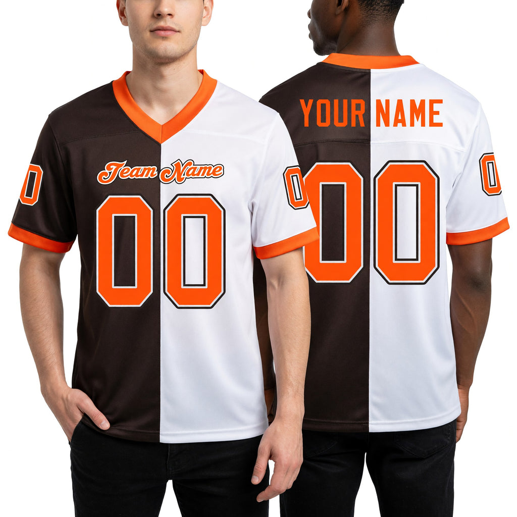 Custom Brown Orange-White Split Fashion Football Jersey worn front and back