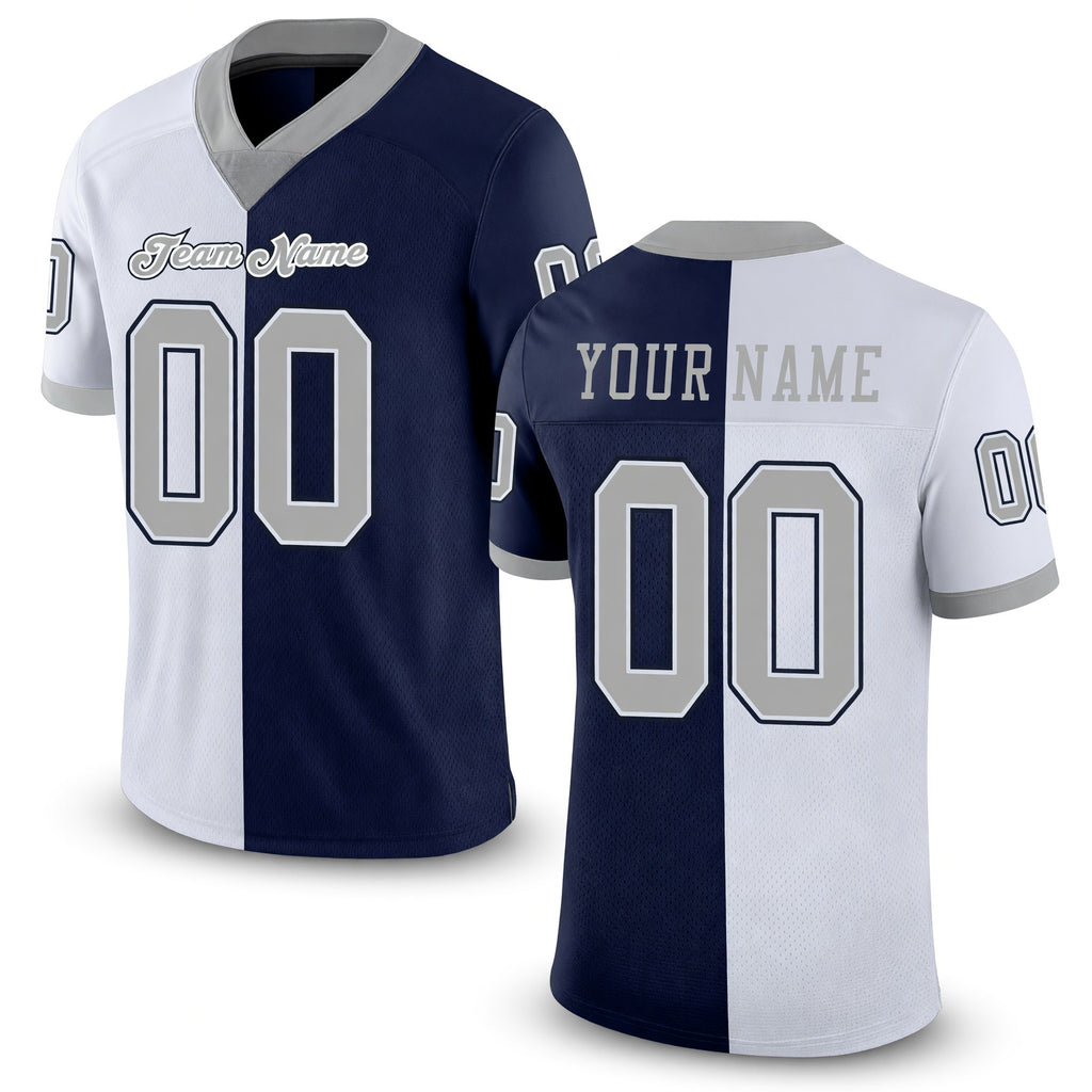 Custom Navy Gray-White Split Fashion Football Jersey