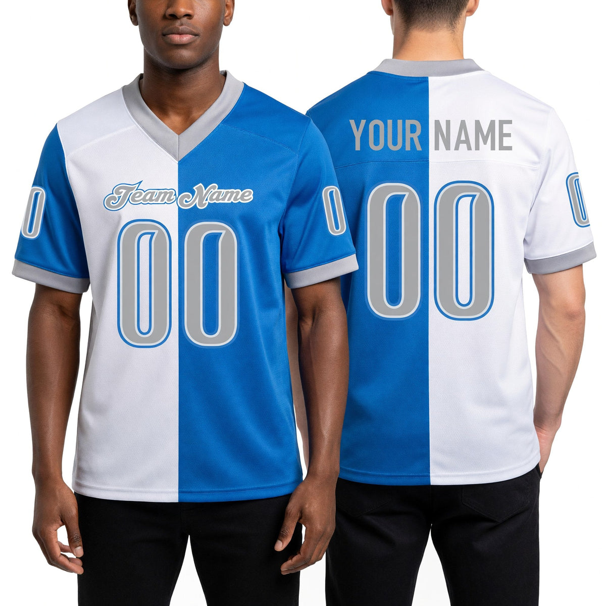 Custom Powder Blue Gray-White Split Fashion Football Jersey worn front and back