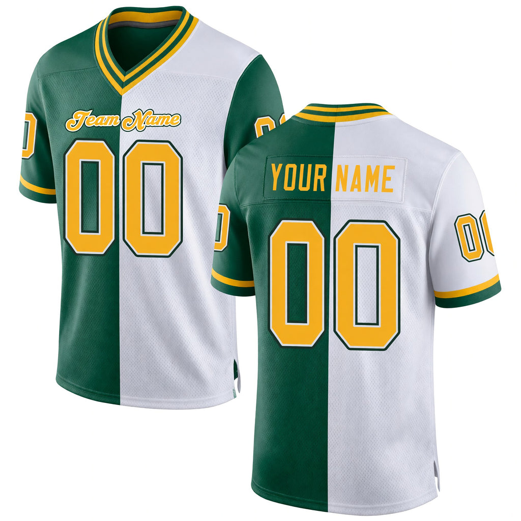 Custom Green Gold-White Split Fashion Football Jersey