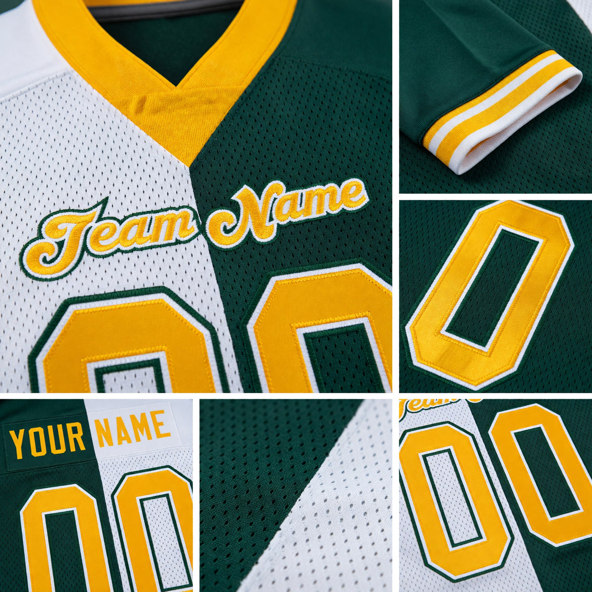 Custom Green Gold-White Split Fashion Football Jersey detail