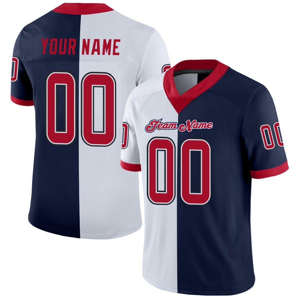 Custom Navy Red-White Split Fashion Football Jersey photo 1