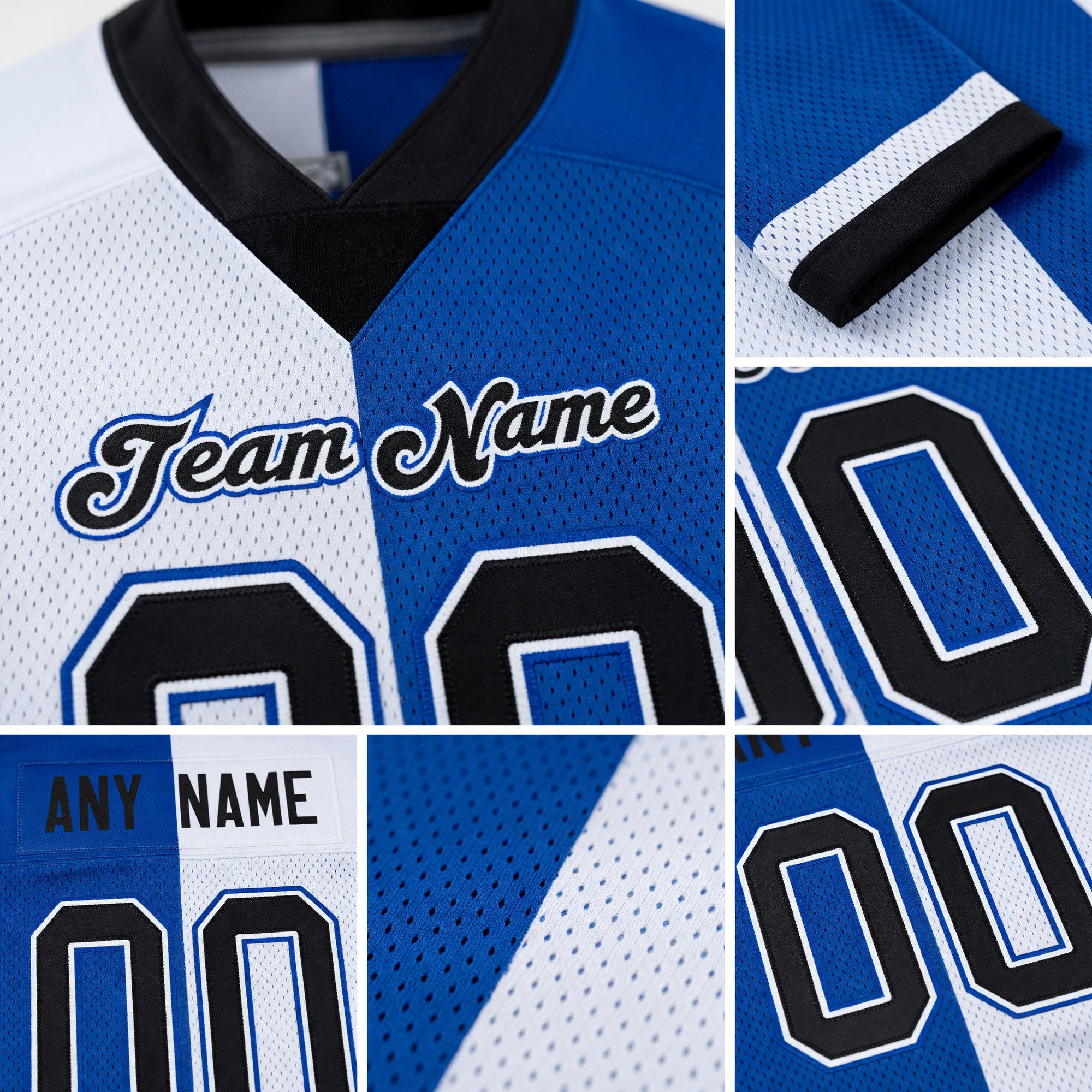 Custom Royal Black-White Split Fashion Football Jersey detail