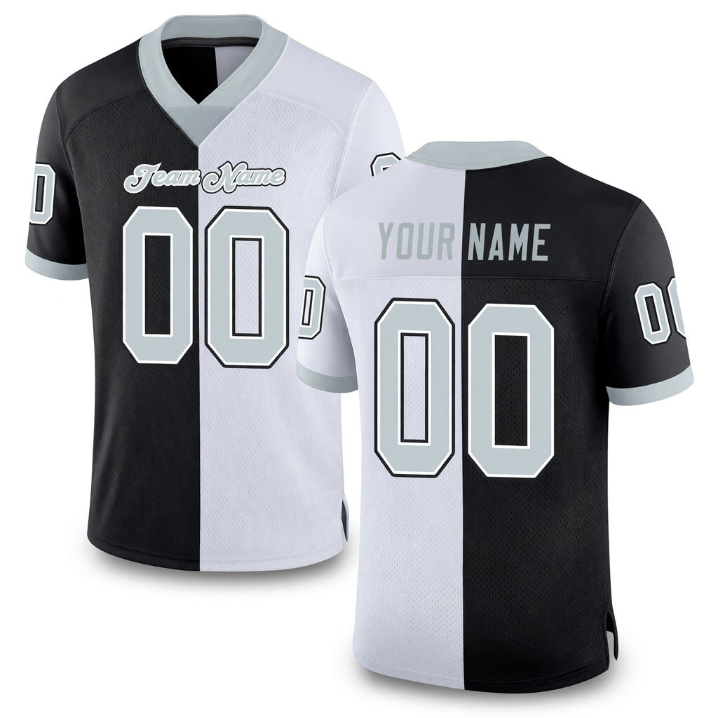 Custom Black Silver-White Split Fashion Football Jersey