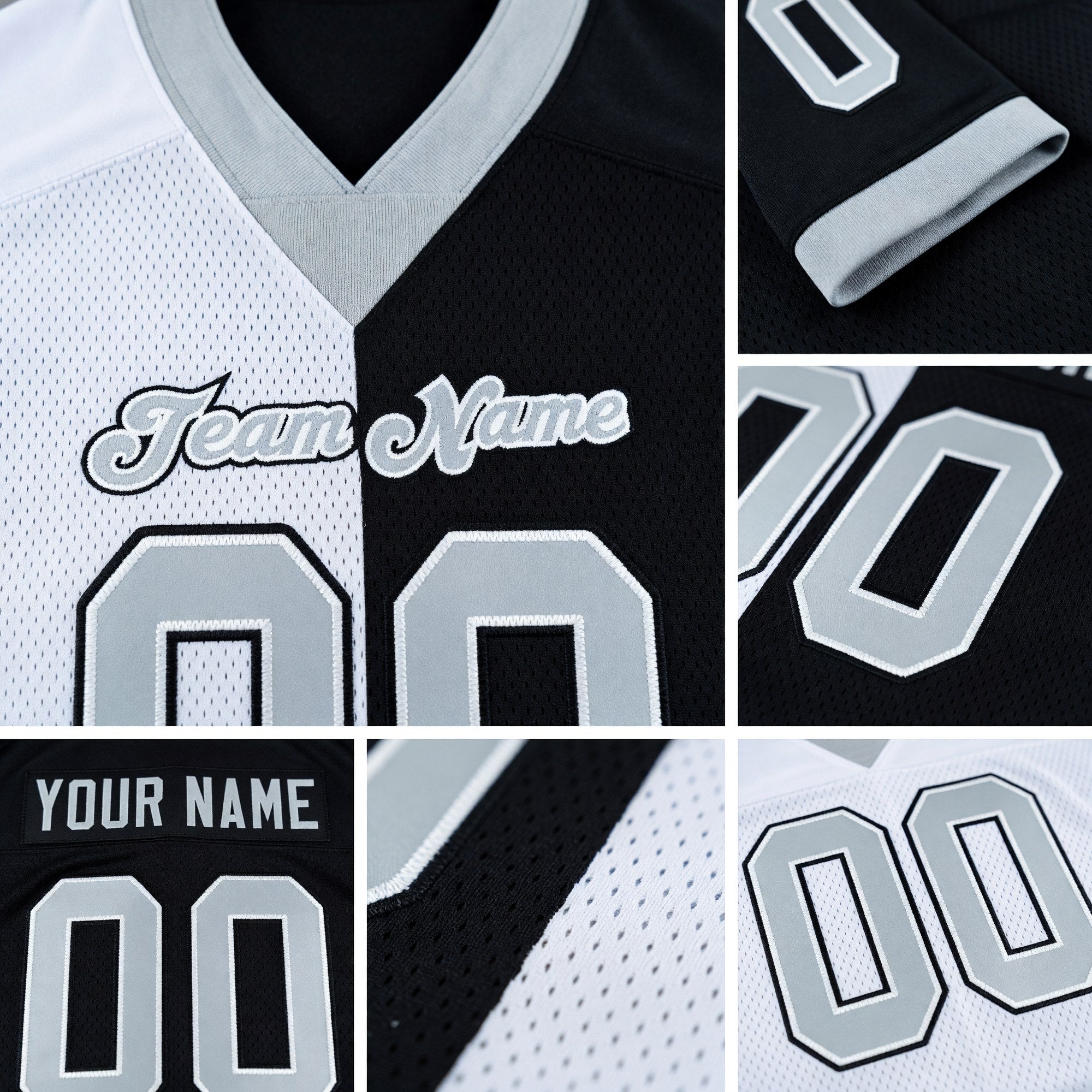 Custom Black Silver-White Split Fashion Football Jersey detail