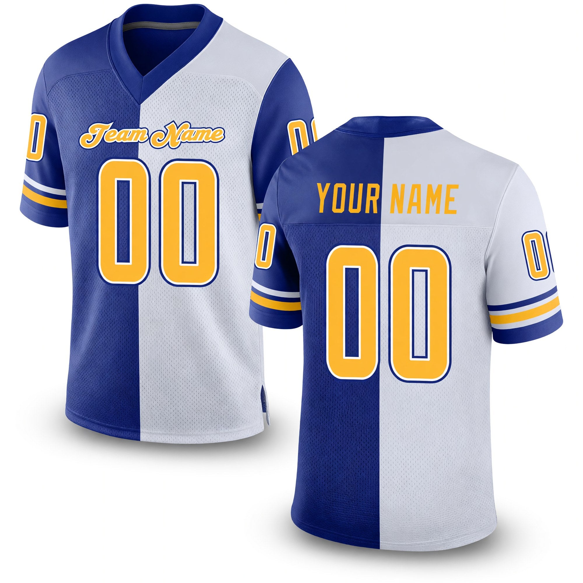 Custom Royal Gold-White Split Fashion Football Jersey