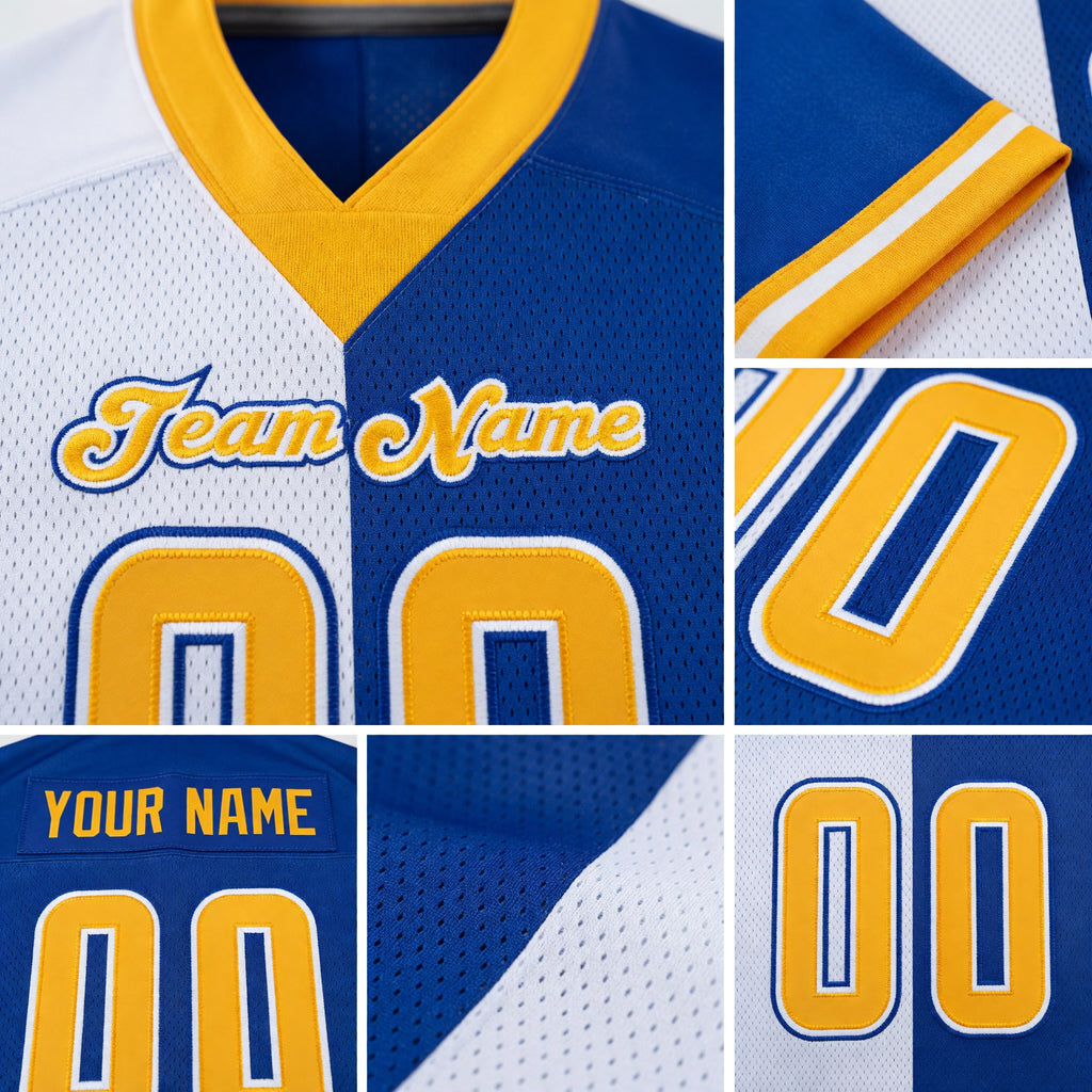 Custom Royal Gold-White Split Fashion Football Jersey detail