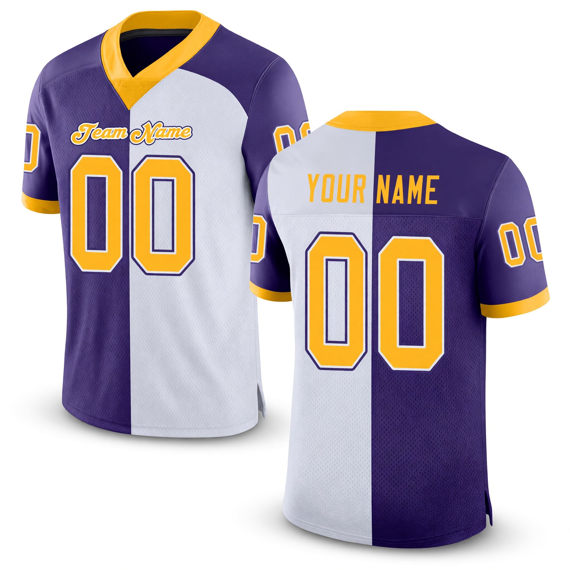 Custom Purple Gold-White Split Fashion Football Jersey