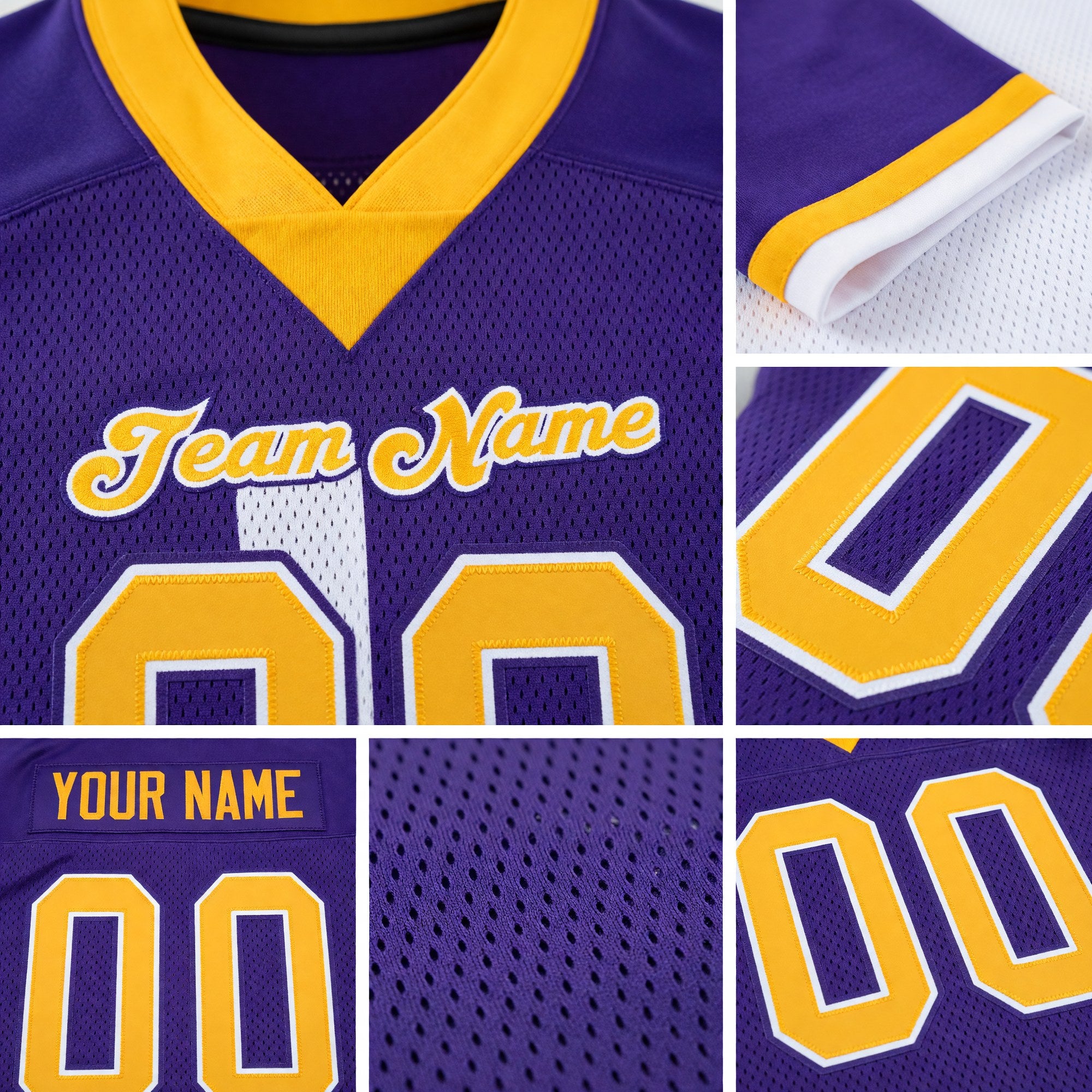 Custom Purple Gold-White Split Fashion Football Jersey detail