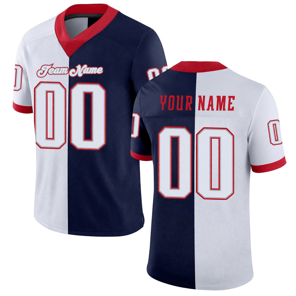 Custom Navy White-Scarlet Split Fashion Football Jersey