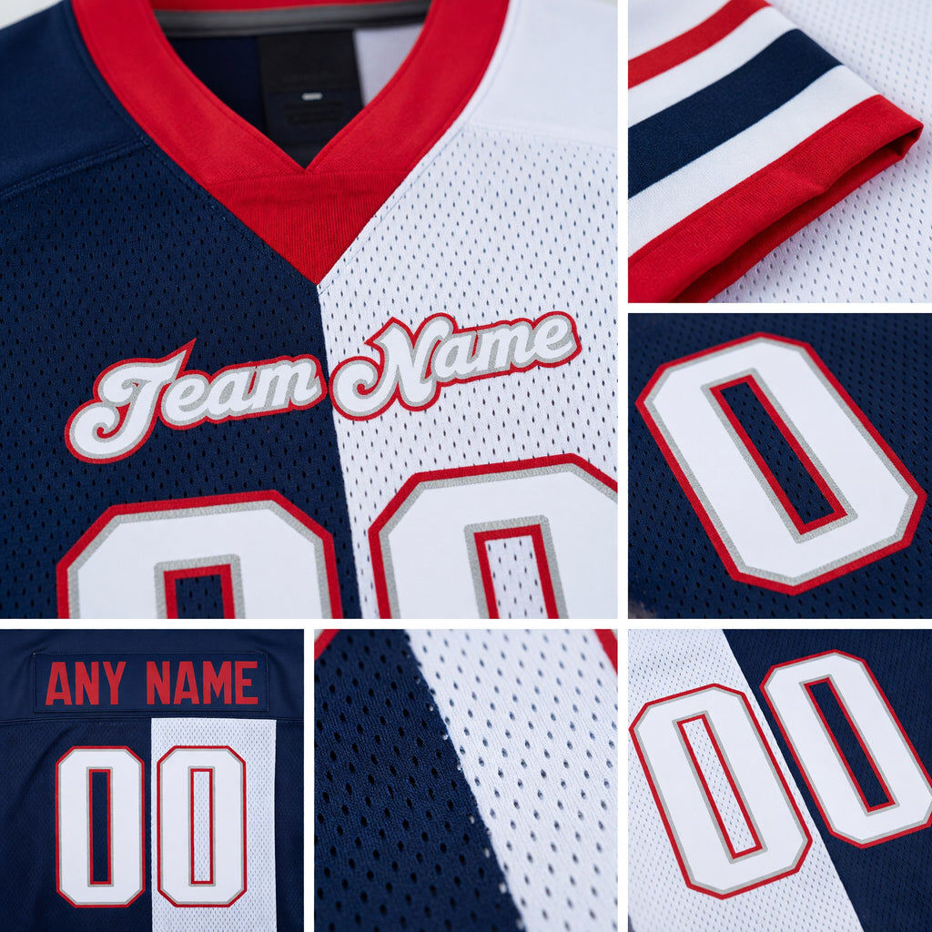 Custom Navy White-Scarlet Split Fashion Football Jersey detail