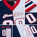 Custom Navy White-Scarlet Split Fashion Football Jersey detail