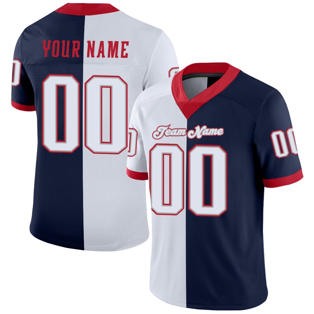 Custom Navy White-Scarlet Split Fashion Football Jersey photo 1
