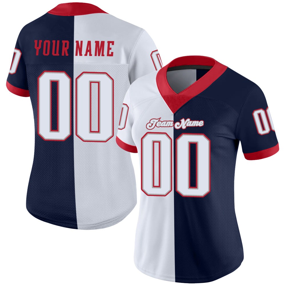 Custom Navy White-Scarlet Split Fashion Football Jersey photo 2