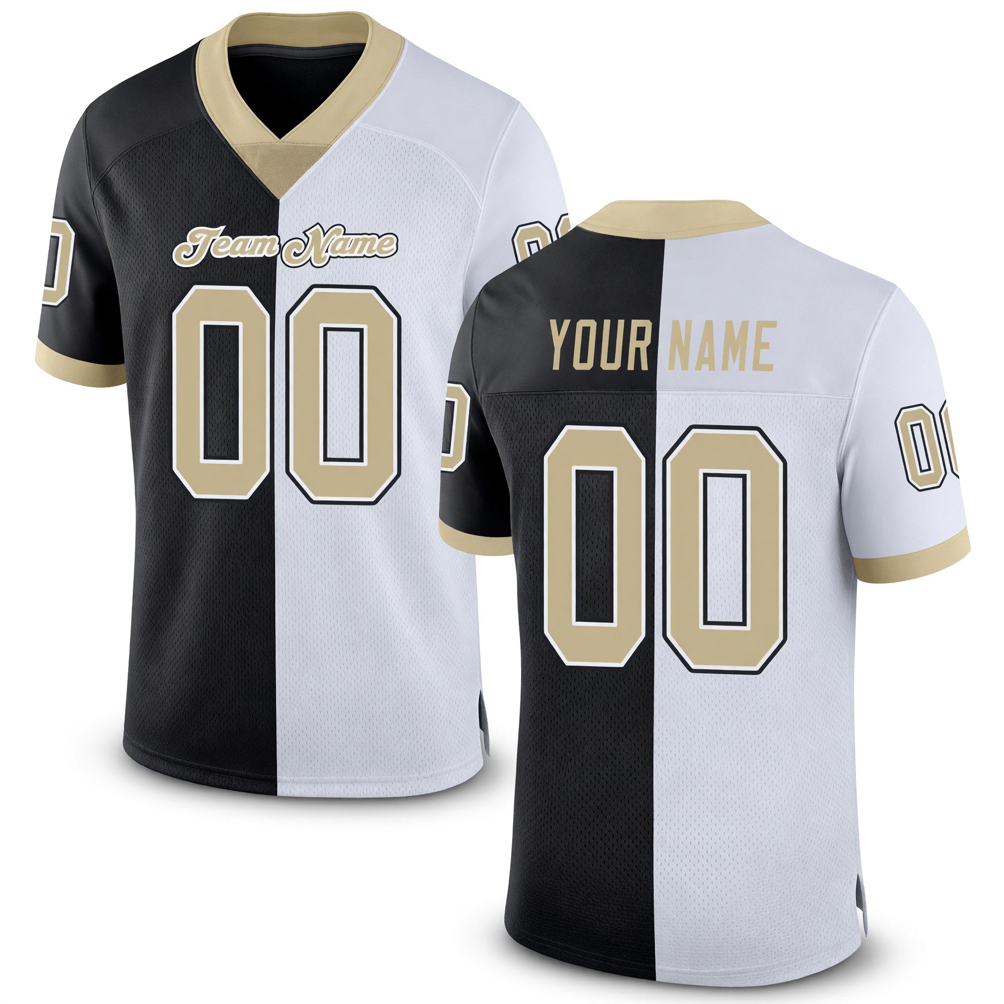 Custom Black Vegas Gold-White Split Fashion Football Jersey