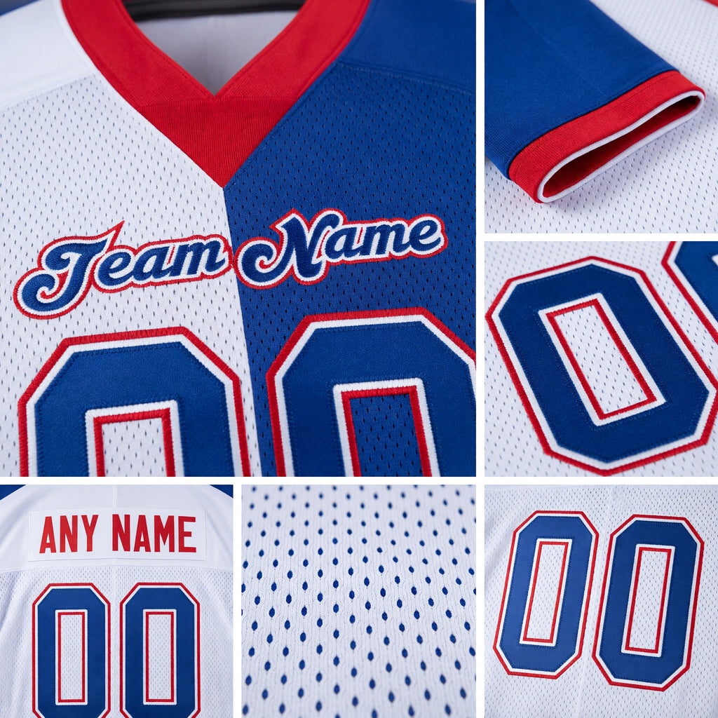 Custom White Royal-Scarlet Split Fashion Football Jersey detail