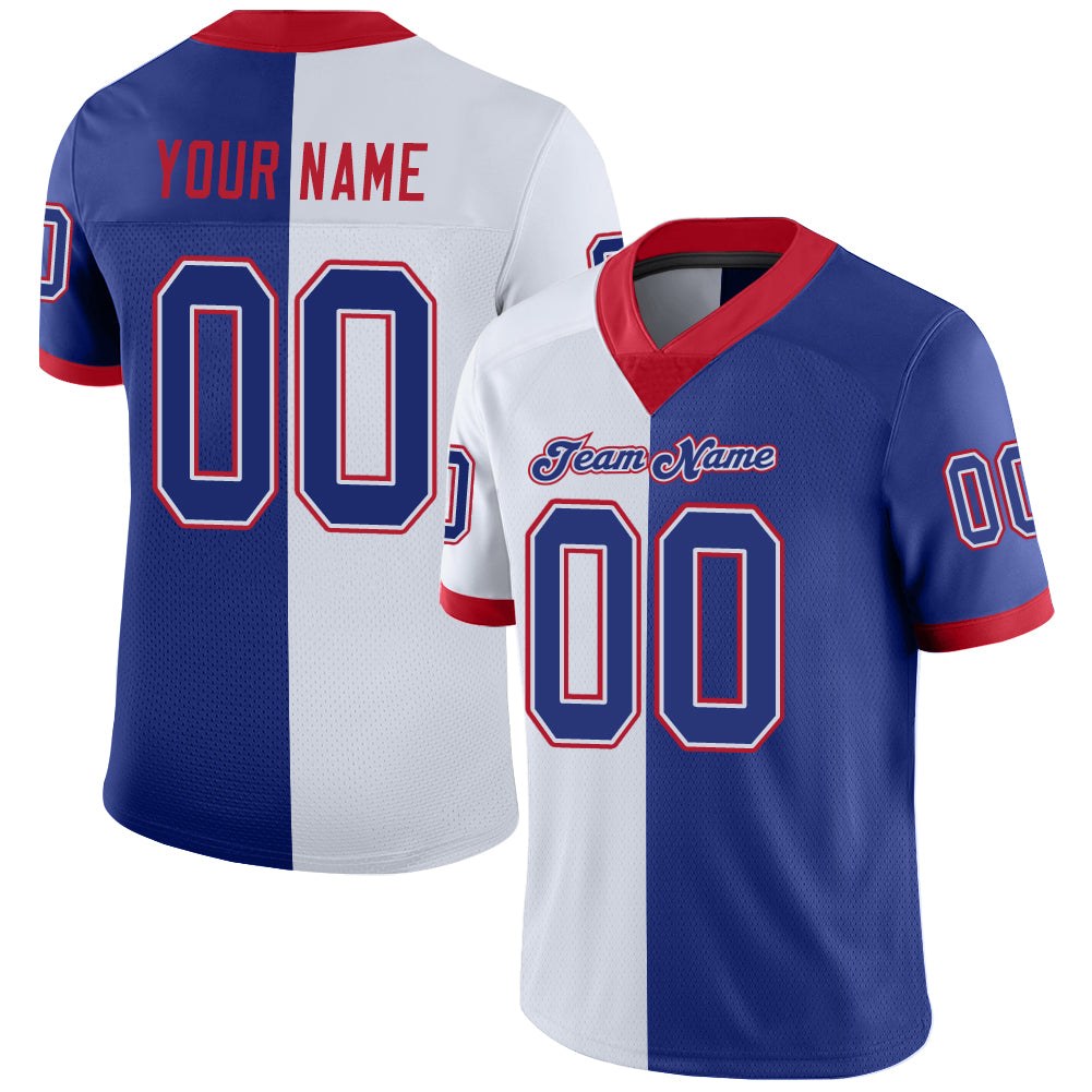 Custom White Royal-Scarlet Split Fashion Football Jersey photo 1