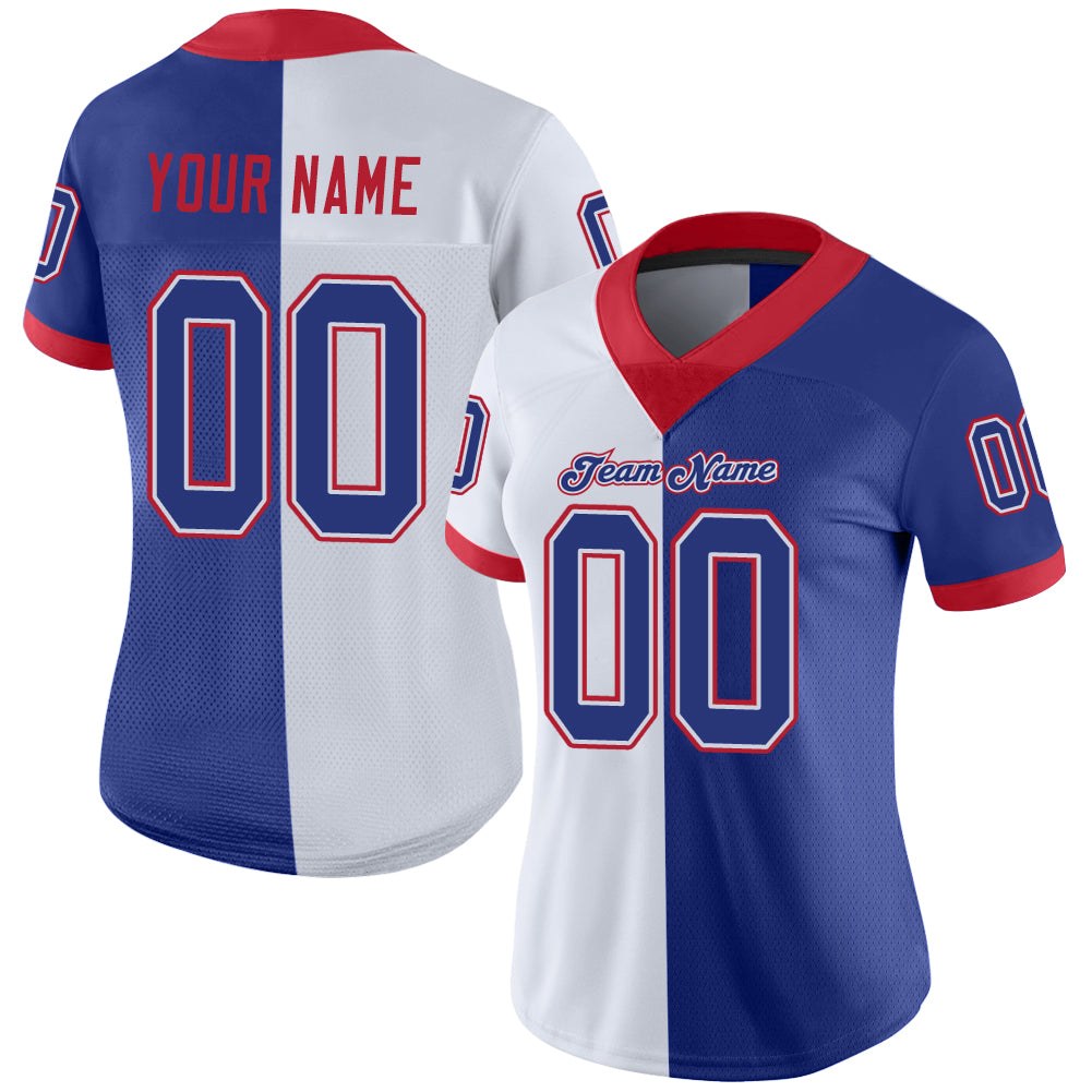 Custom White Royal-Scarlet Split Fashion Football Jersey photo 2