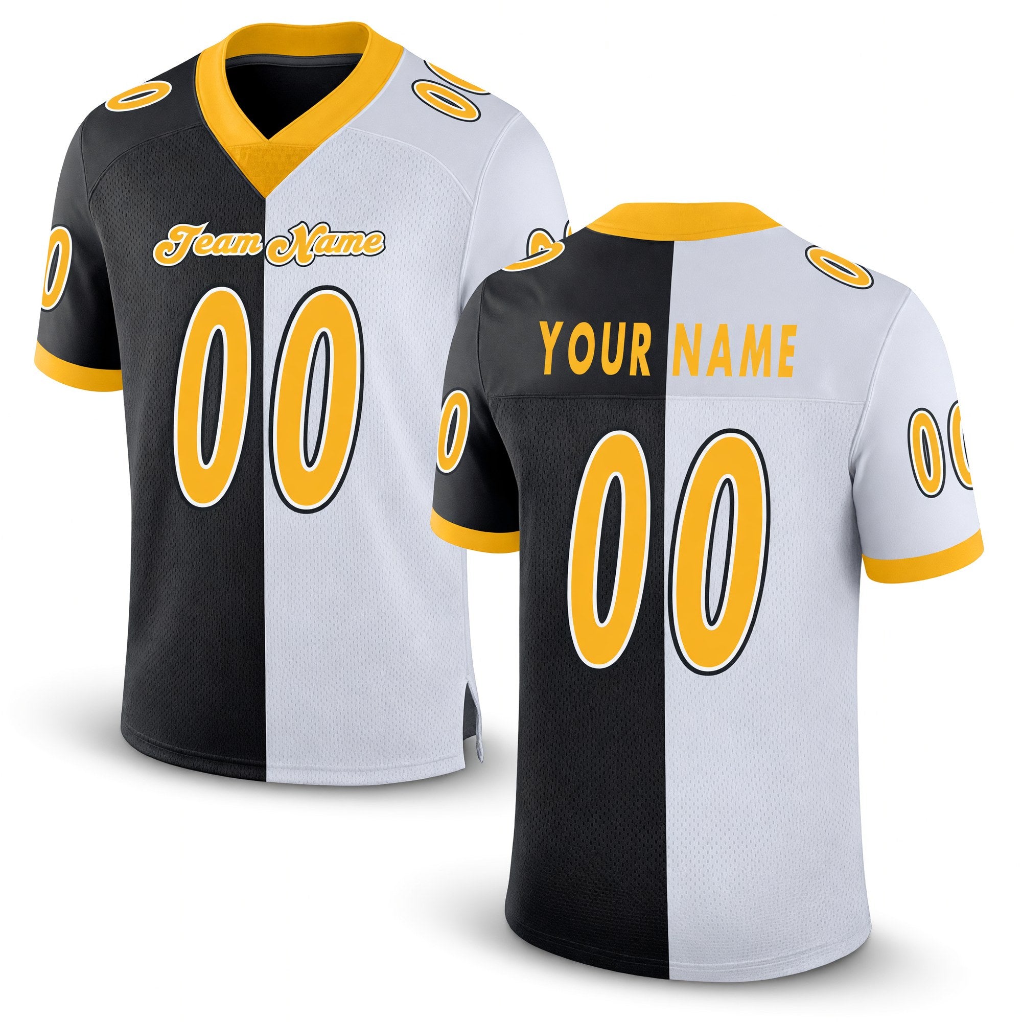Custom Black Gold-White Split Fashion Football Jersey