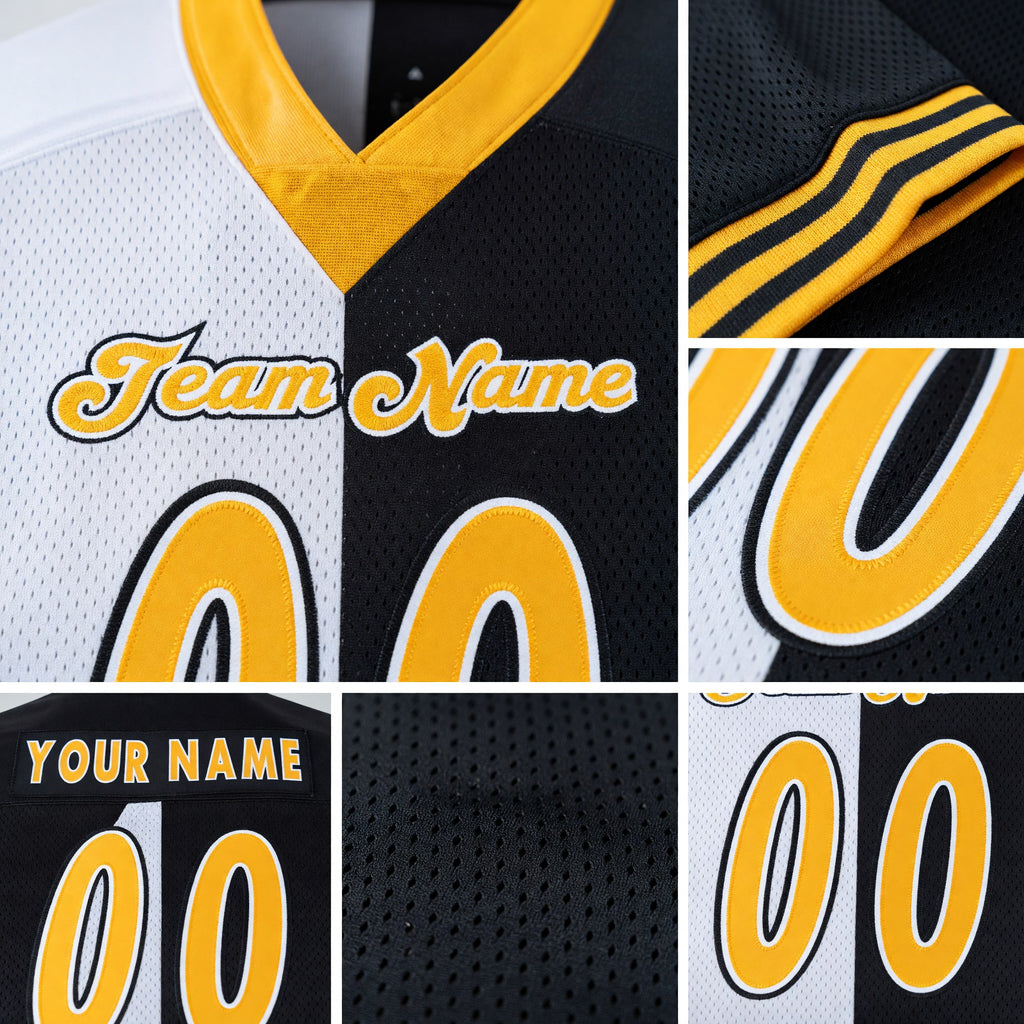 Custom Black Gold-White Split Fashion Football Jersey detail
