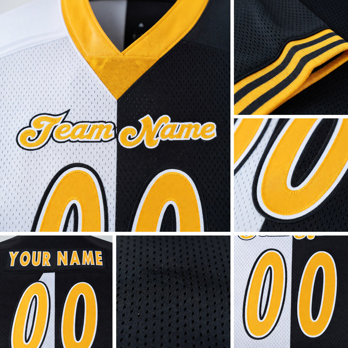 Custom Black Gold-White Split Fashion Football Jersey detail