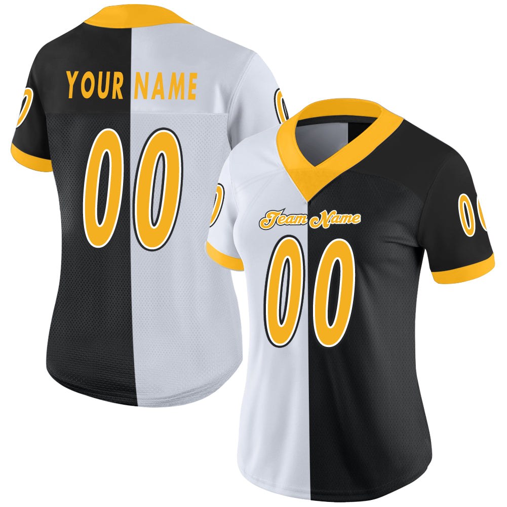 Custom Black Gold-White Split Fashion Football Jersey photo 2