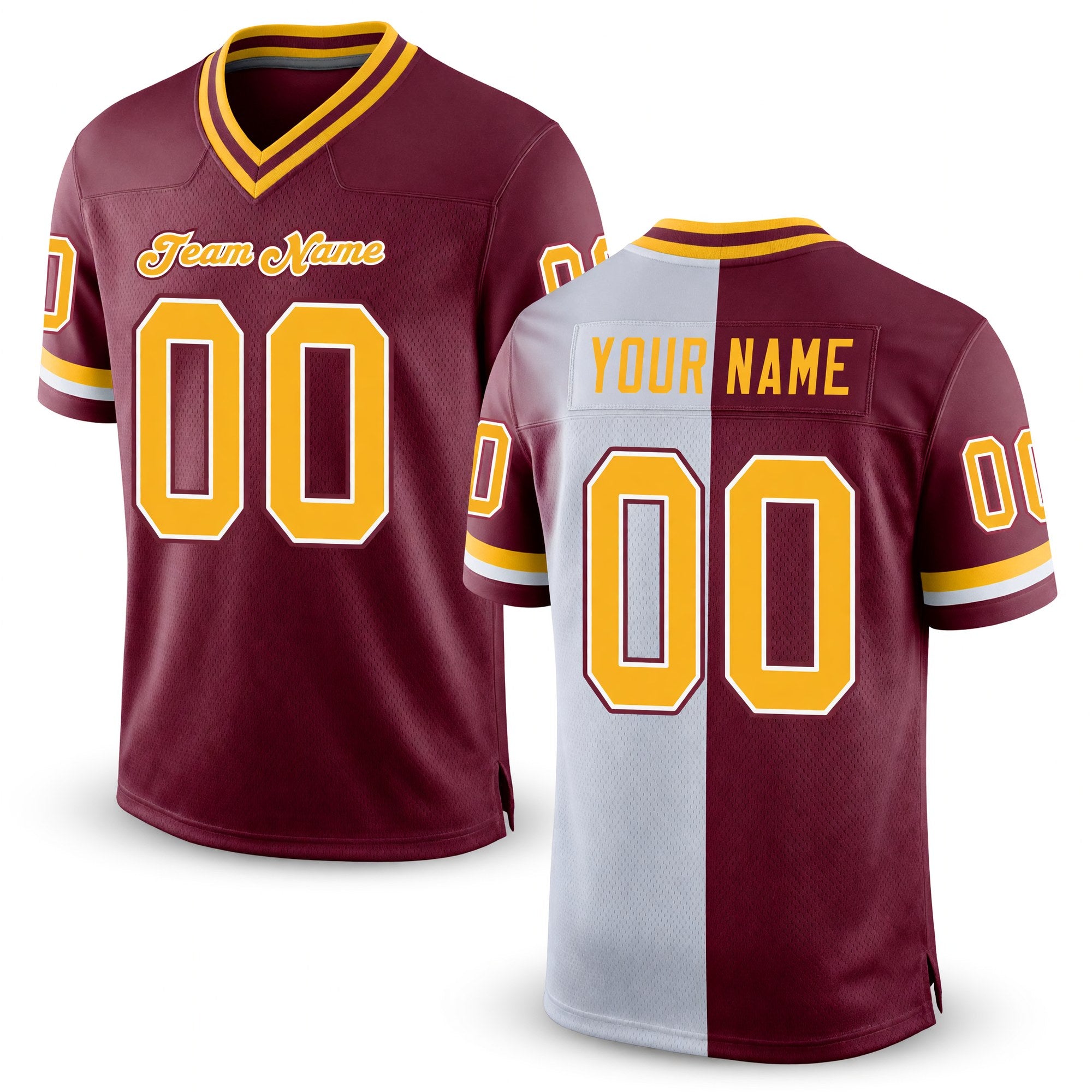 Custom Burgundy Gold-White Split Fashion Football Jersey