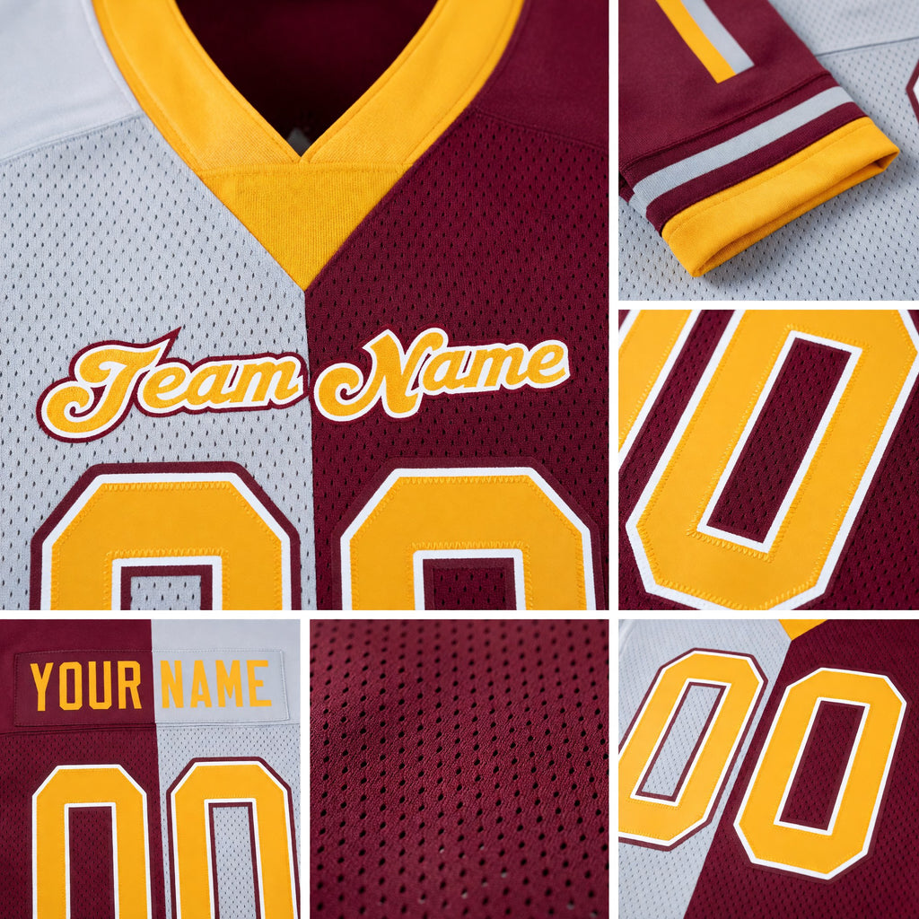 Custom Burgundy Gold-White Split Fashion Football Jersey detail