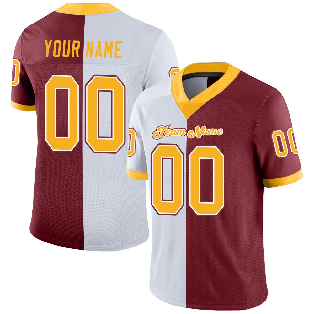 Custom Burgundy Gold-White Split Fashion Football Jersey photo 1