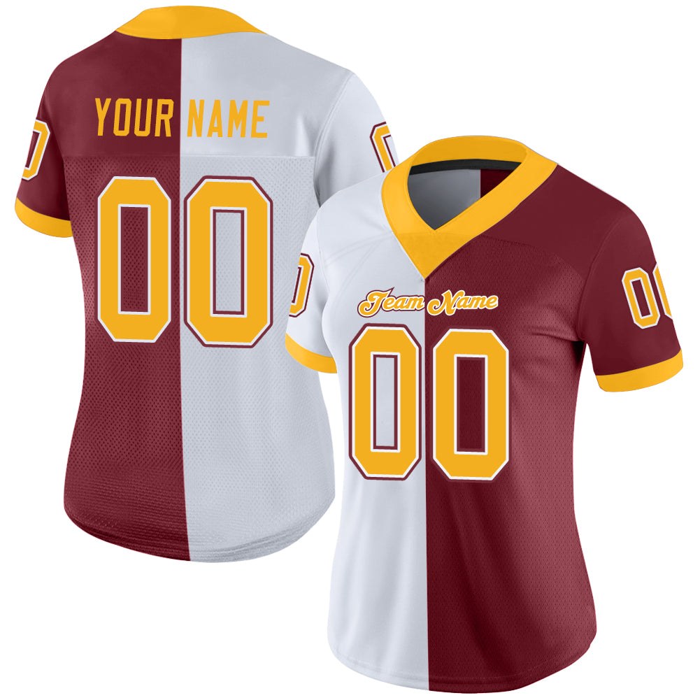 Custom Burgundy Gold-White Split Fashion Football Jersey photo 2