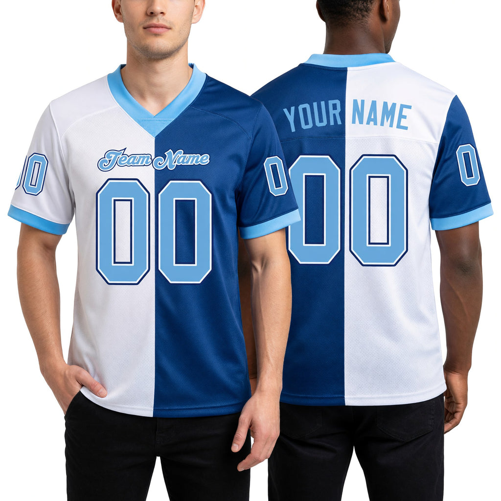 Custom Royal Light Blue-White Split Fashion Football Jersey worn front and back